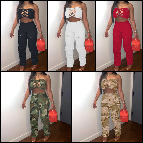 Women Sexy Strapless Crop Two Piece Pocket Pant Set