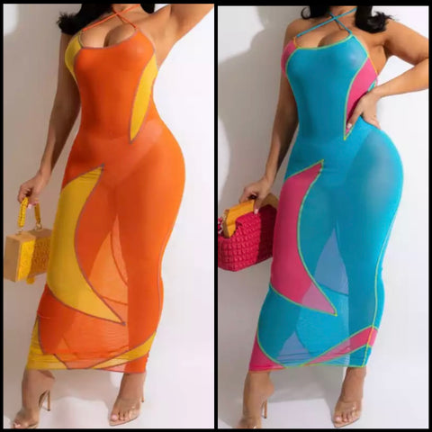 Women Sexy Color Patchwork Mesh Maxi Dress