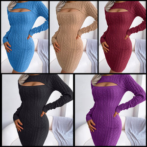 Women Sexy Solid Color Cut Out Full Sleeve Sweater Dress