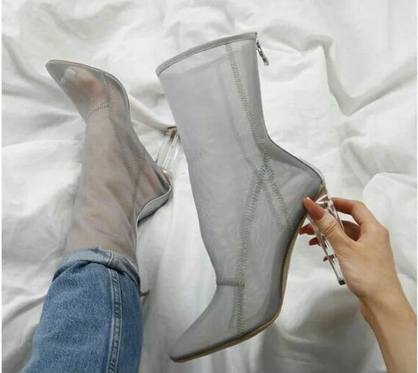 Women Fashion Mesh Transparent Heel Ankle Boots