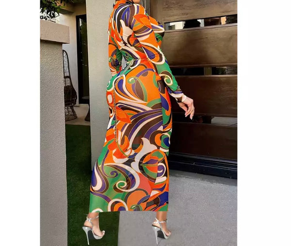 Women Multicolored Print Button Up Full Sleeve Maxi Dress