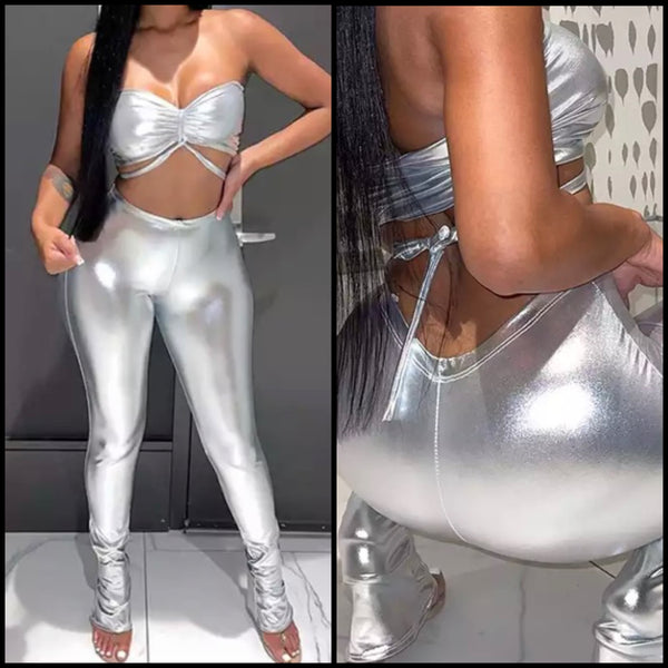 Women Sexy Strapless Silver Two Piece Pant Set