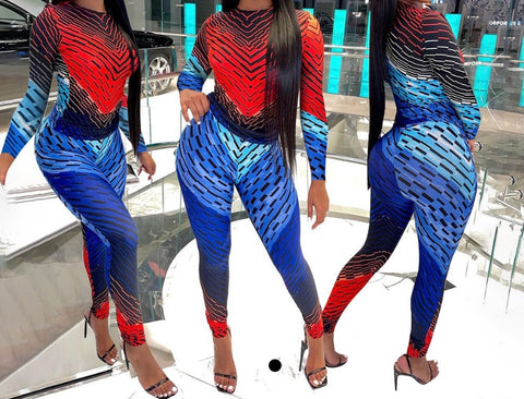 Women Fashion Colorful Print Two Piece Full Sleeve Pant Set