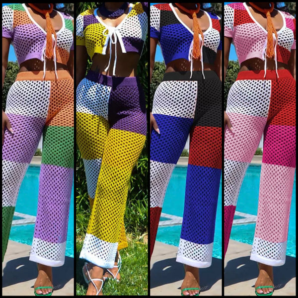 Women Knitted Color Patchwork Two Piece Pant Set