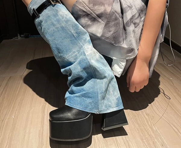 Women Fashion Denim Buckled Platform Boots