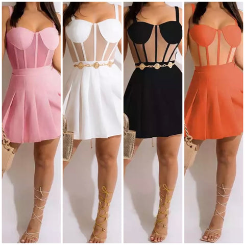 Women Sexy Sleeveless Mesh Patchwork Pleated Dress