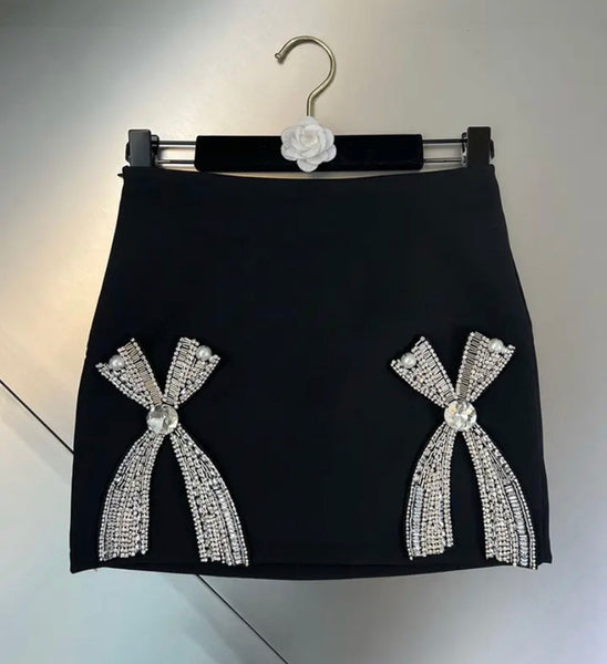 Women Rhinestone Bow Black Sexy Skirt