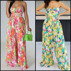 Women Strapless Sexy Tropical Pleated Wide Leg Jumpsuit
