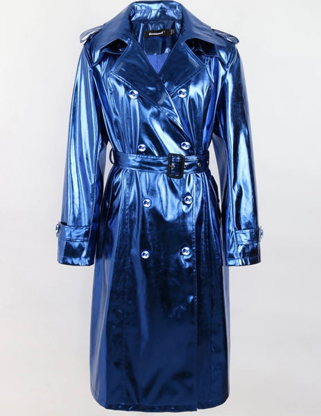 Women Fashion Metallic Button Up Trench Jacket