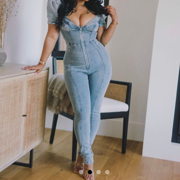 Women Fashion Short Sleeve Front Zipper Denim Jumpsuit