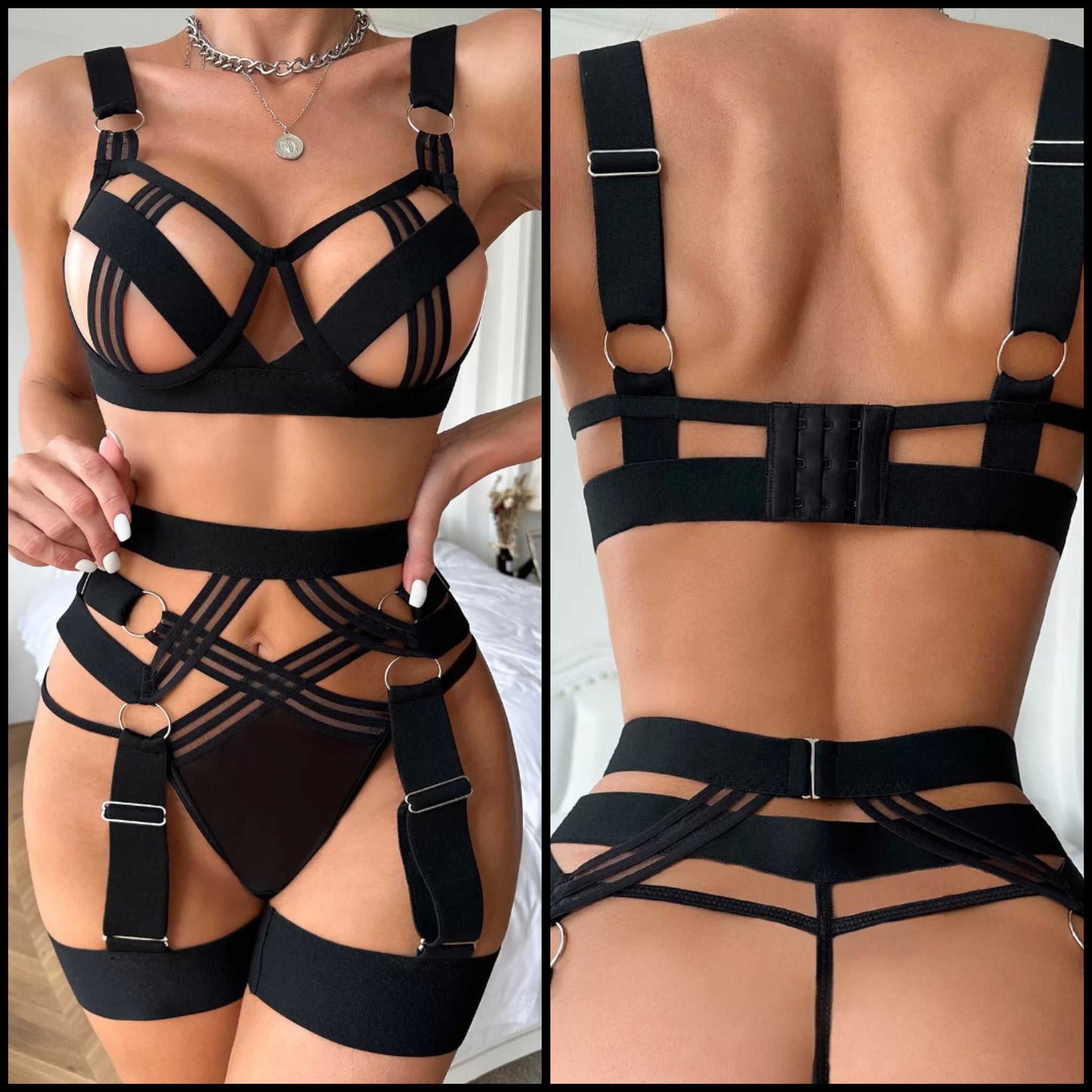 Women Black Sexy G-String Hollow Out Lingerie Set