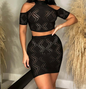 Women Short Sleeve See Through Two Piece Skirt Set