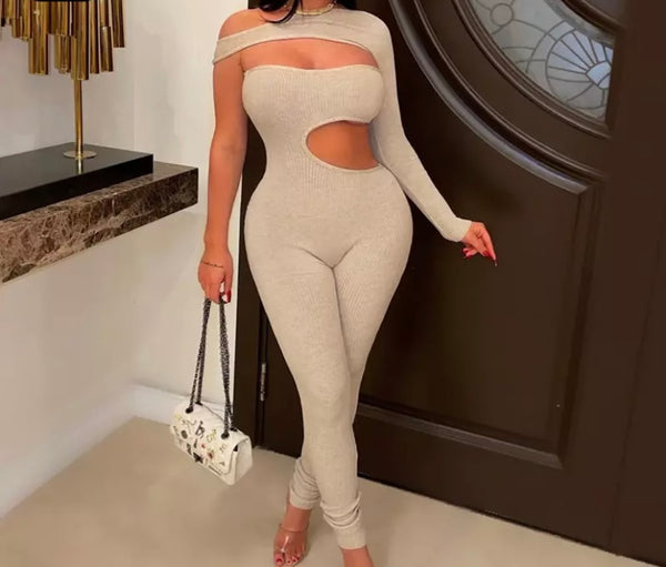 Women Sexy Cut Out One Shoulder Ribbed Jumpsuit