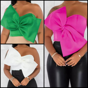 Women Solid Color Fashion Strapless Bow Crop Top