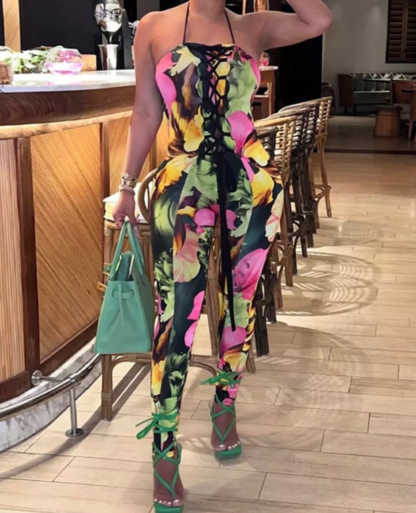 Women Sleeveless Colorful Floral Print Fashion Jumpsuit