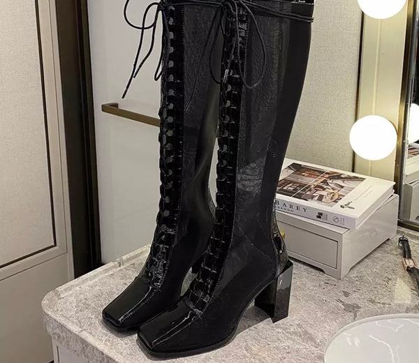 Women Fashion Patent Leather Mesh Lace Up Boots