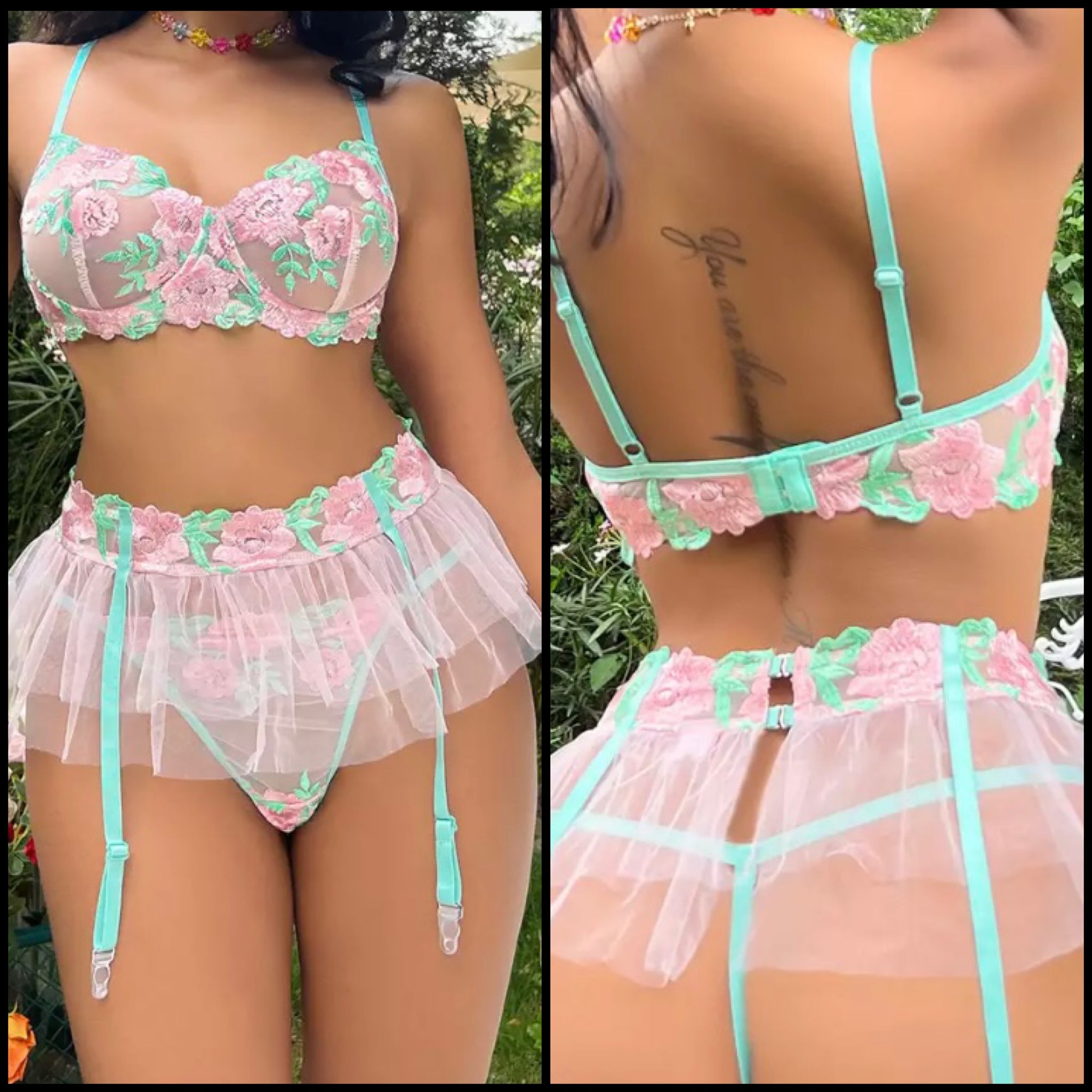 Women Sexy Floral Mesh G-String Lingerie Set