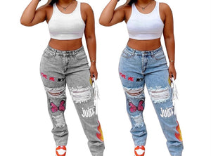 Women Fashion Ripped Print Denim Pants