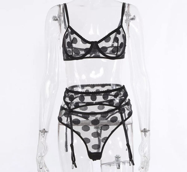 Women Sexy Black Dot Mesh Lingerie Set