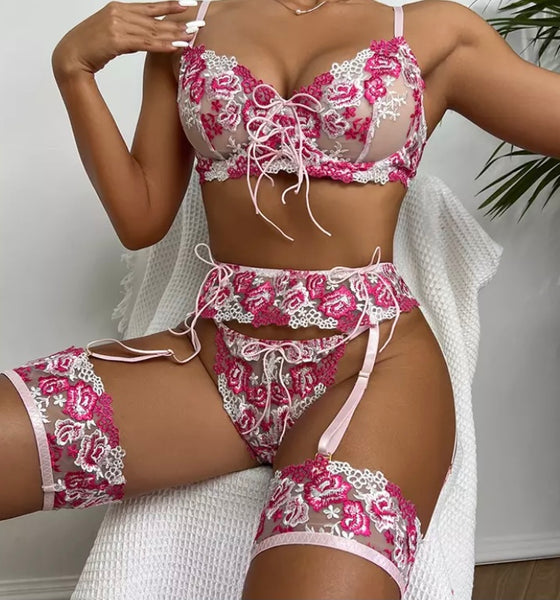 Women Sexy Floral Lace Tie Up Lingerie Set