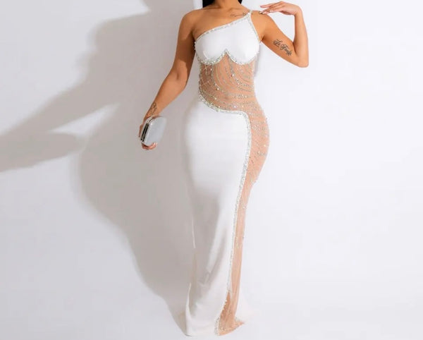 Women Sexy Sleeveless One Shoulder Bling Mesh Patchwork Maxi Dress