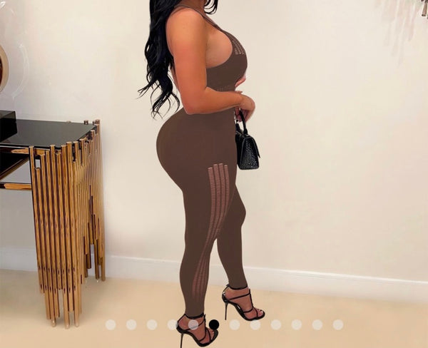 Women Solid Color Sleeveless Mesh Patchwork Sexy Jumpsuit