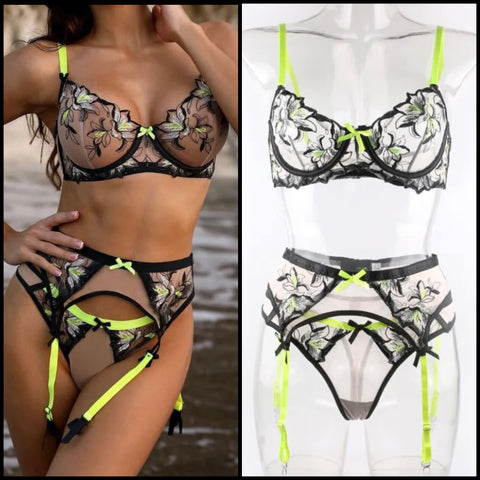 Women Sexy Black Neon Mesh Lingerie Set