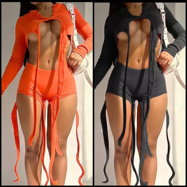 Women Sexy Tassel Full Sleeve Crop Two Piece Short Set