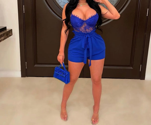 Women Lace Patchwork Tie Up Sexy Sleeveless Romper