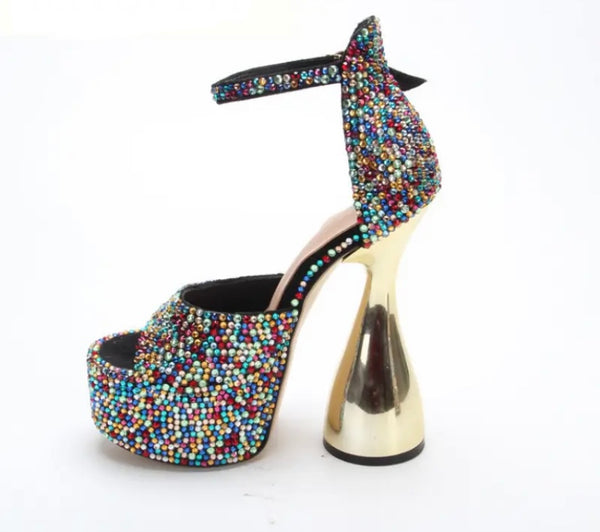 Women Platform Rhinestone Gold High Heel Sandals