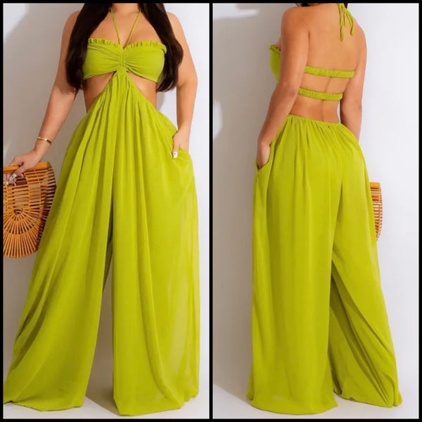 Women Sexy Sleeveless Halter Cut Out Wide Leg Jumpsuit
