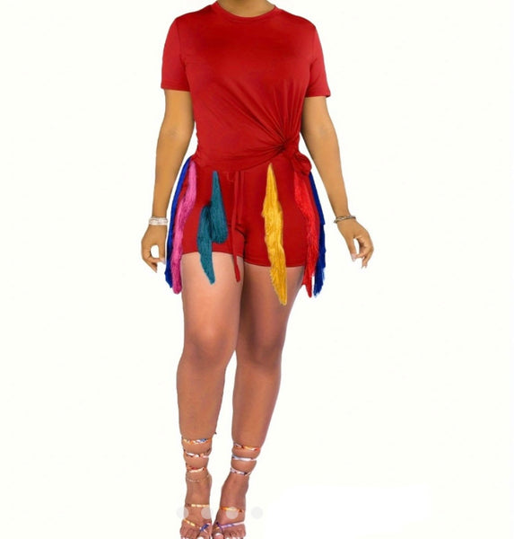 Woman Two Piece Colorful Tassel Short Sleeve Short Set