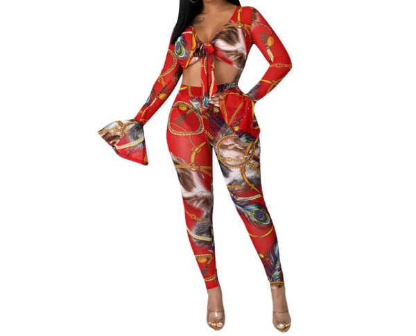 Women Sexy Crop Multicolored Print Two Piece Pant Set