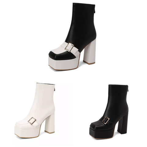Women Square Toe Thick Heel Buckled Ankle Boots
