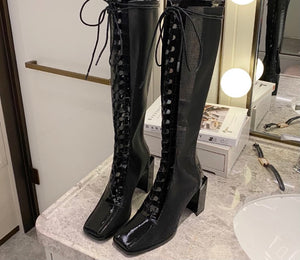 Women Fashion Patent Leather Mesh Lace Up Boots