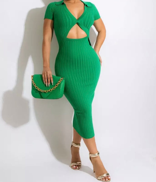 Women Collar Ribbed Cut Out Dress