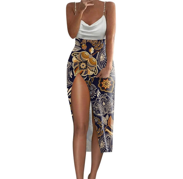 Women Sexy Sleeveless Printed High Side Slit Dress