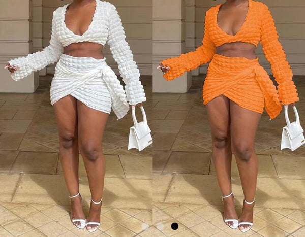 Women Sexy Long Sleeve Crop Solid Color Two Piece Skirt Set