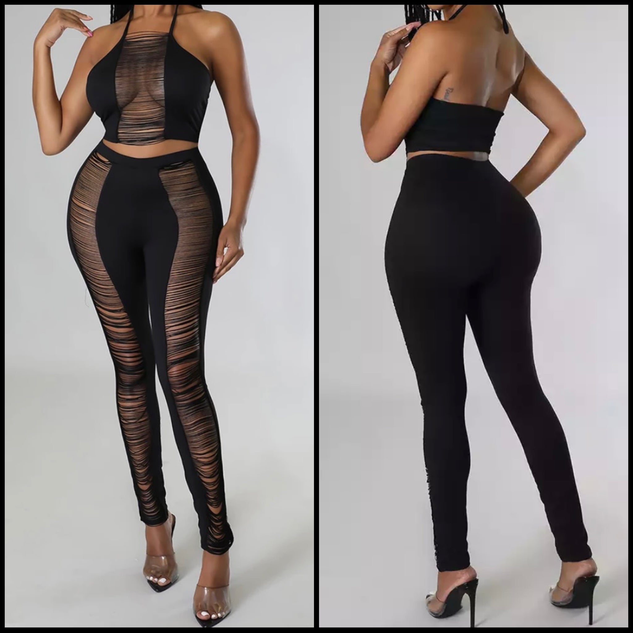 Women Sexy Black Halter Ripped Two Piece Pant Set