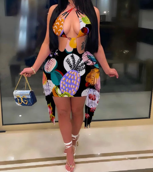 Women Sexy Multicolored Printed Tassel Backless Dress