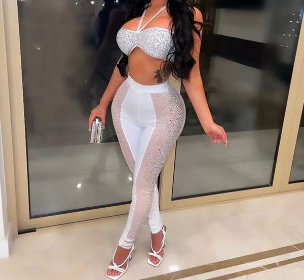 Women Bling Mesh Patchwork Two Piece Sexy Pant Set