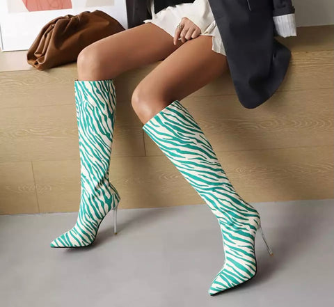 Women Zebra Print High Heel Knee High Boots