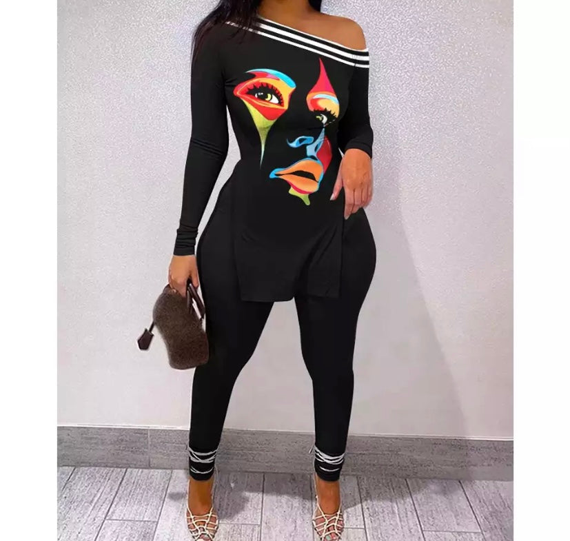 Women Off The Shoulder Printed Fashion Two Piece Pant Set
