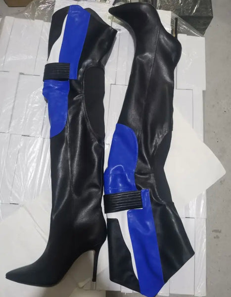 Women Color Patchwork Genuine Leather Thigh High Boots