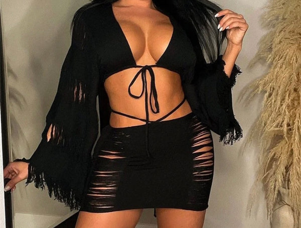 Women Sexy Ripped Full Sleeve Crop Two Piece Skirt Set