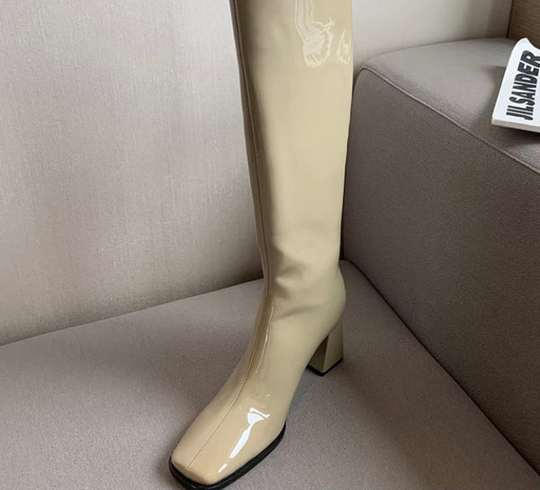 Women Patent Leather Knee-High Square Heel Boots