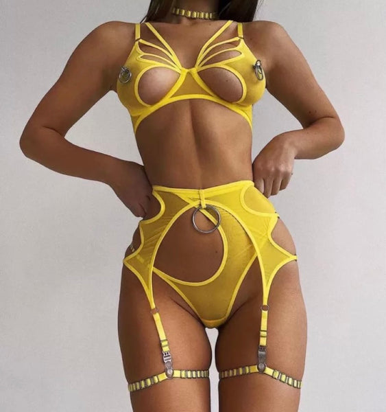 Women Sexy Yellow Choker Mesh Lingerie Set