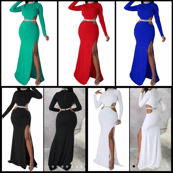 Women Sexy Bling Patchwork Full Sleeve Cut Out Maxi Dress