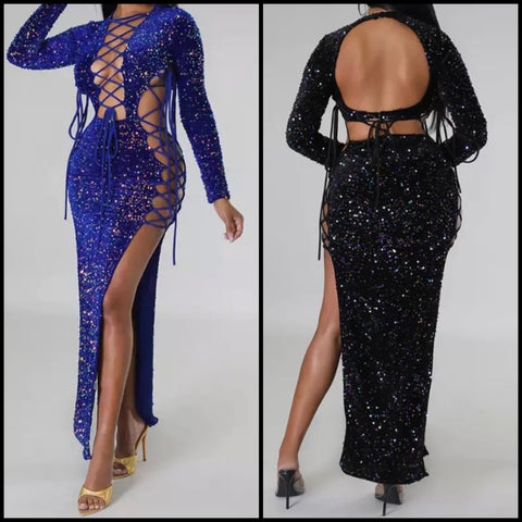 Women Sexy Sequins Open Back Lace Up Maxi Dress