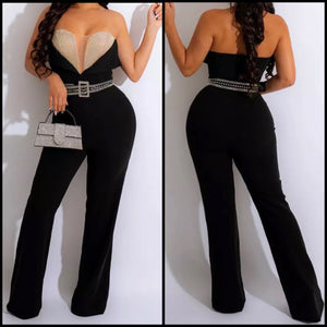 Women Strapless Sexy Bling Belted Jumpsuit